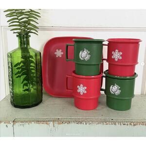 Vintage Tupperware Red Green Snowflake Bird Mugs Coaste Lid Tray Set x9 Pieces